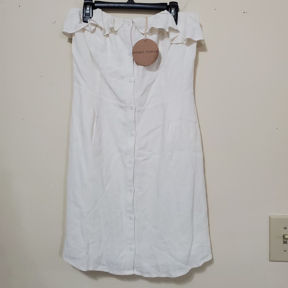 NWT White Ivory Strapless Button Linen Dress Large